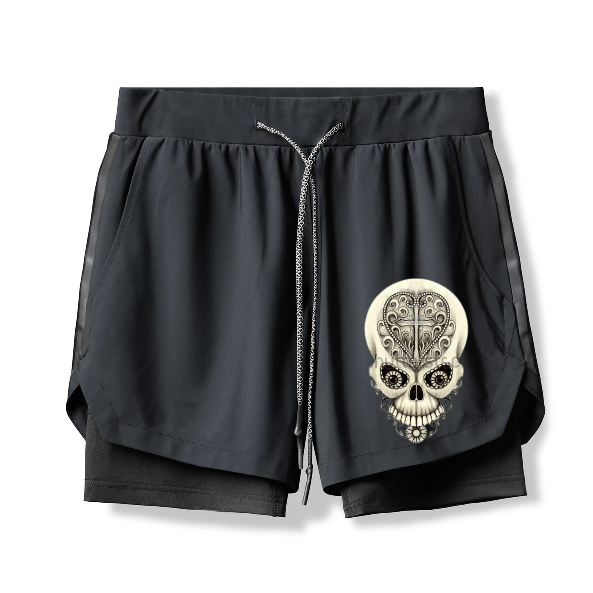 Art Skull Print 2 In 1 Gym Shorts for Men