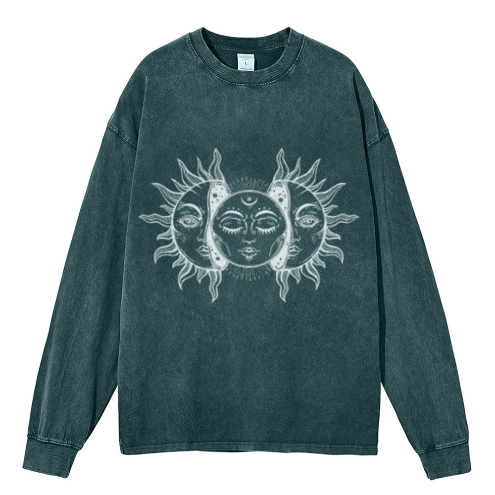 Oversized Vintage Washed Sun and Moon Graphic Sweatshirt