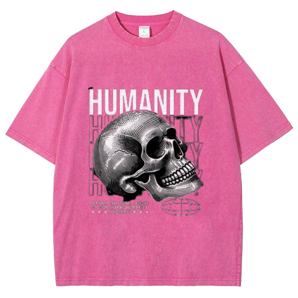 Women Washed Vintage Humanity Skull Graphic T-shirt