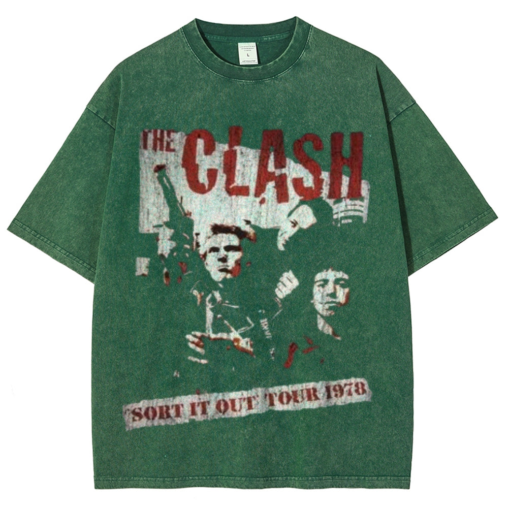 Unisex Vintage The Clash Rock Band Print Short Sleeve Casual Graphic Washed T-shirt