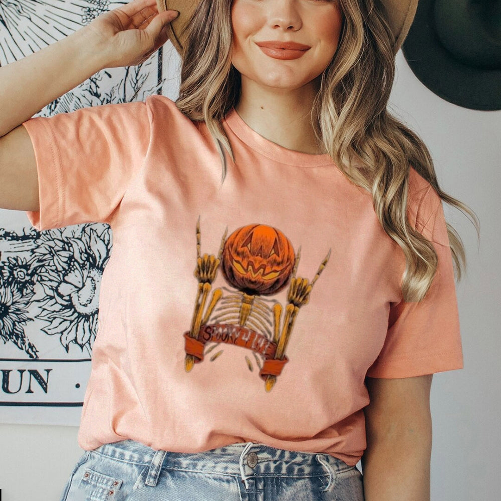 Women Halloween Spooky Finger Skull Graphic T-shirt