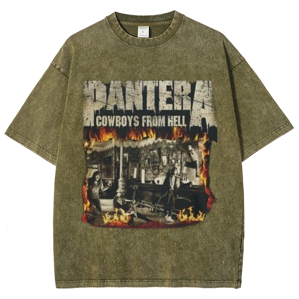 Unisex Vintage The Pantera Rock Band Print Short Sleeve Casual Graphic Washed T-shirt