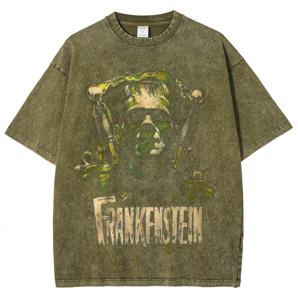 Unisex Vintage Frankenstein Monster Horror Graphic Short Sleeve Washed T-shirt