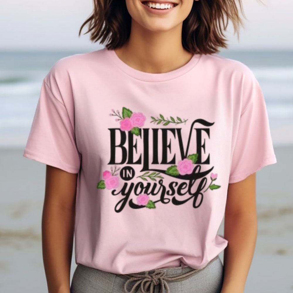 Women Believe Yourself Letter And Flower Graphic T-shirt