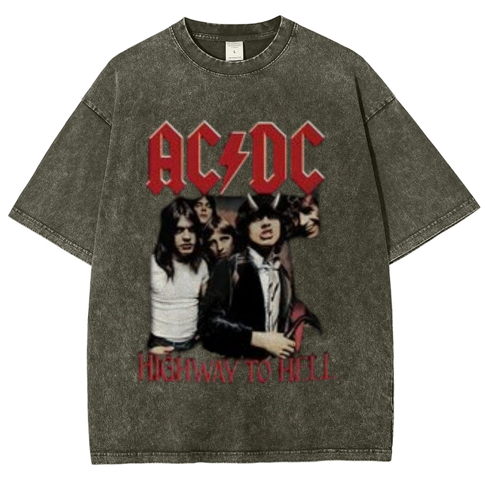 Unisex Vintage The Acdc Rock Band Print Short Sleeve Casual Graphic Washed T-shirt