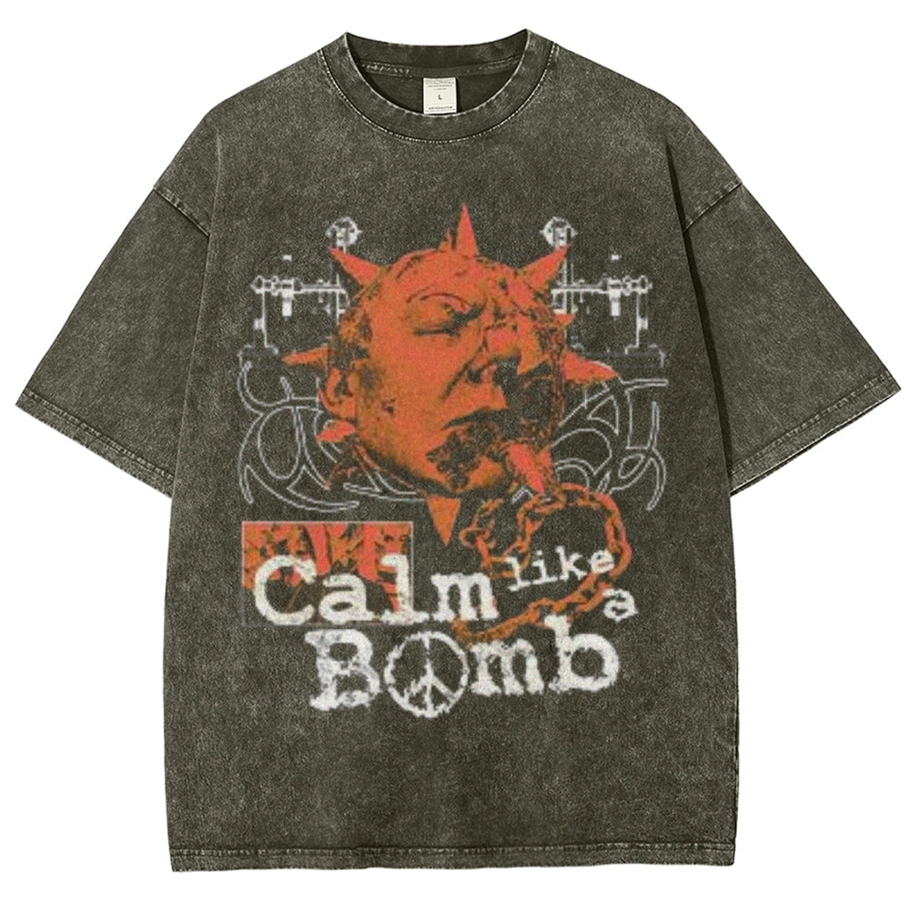 Unisex Vintage Calm Like A Bomb Graphic Short Sleeve Washed T-shirt