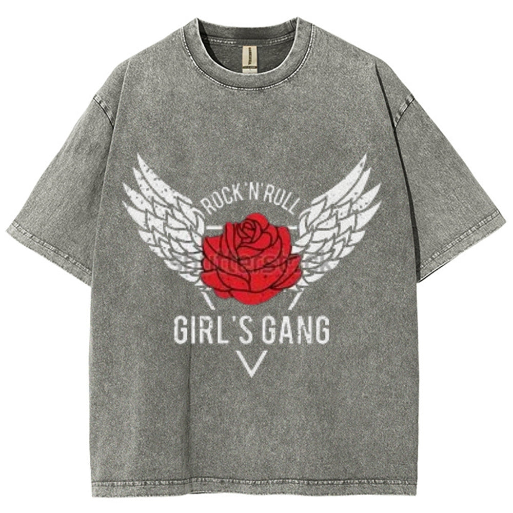 Women Washed Vintage Rock Rose Graphic Tee