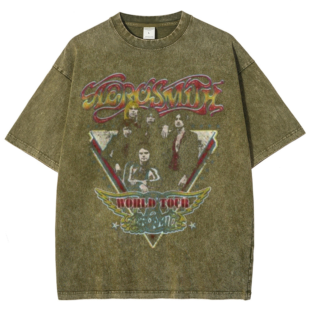 Unisex Vintage Aerosmith World Tour Graphic Short Sleeve Washed T-shirt