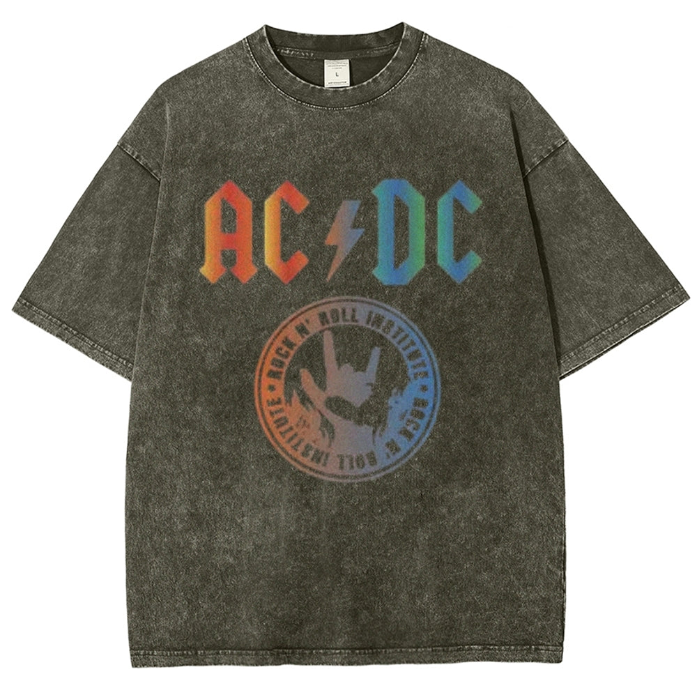 Unisex Vintage The Acdc Rock Band Print Short Sleeve Casual Graphic Washed T-shirt