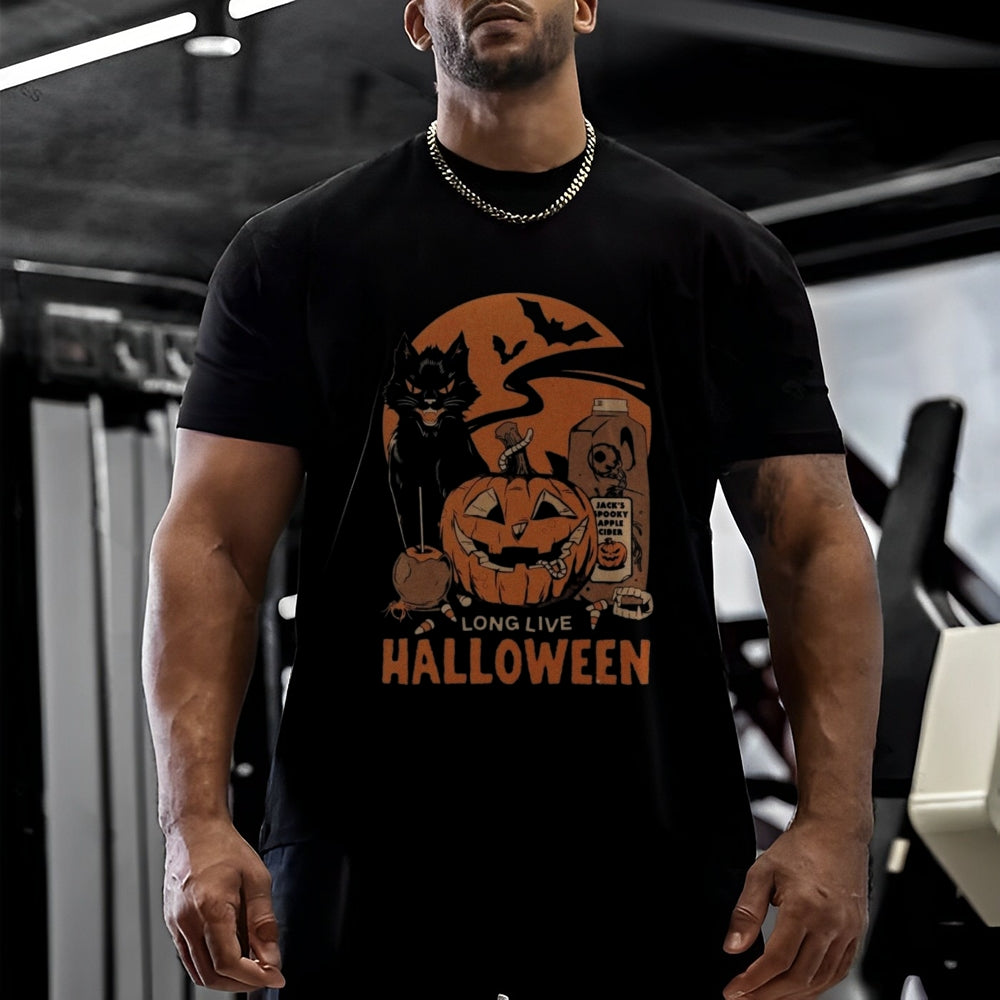 Mens Halloween Pumpkin Cat Graphic Tee