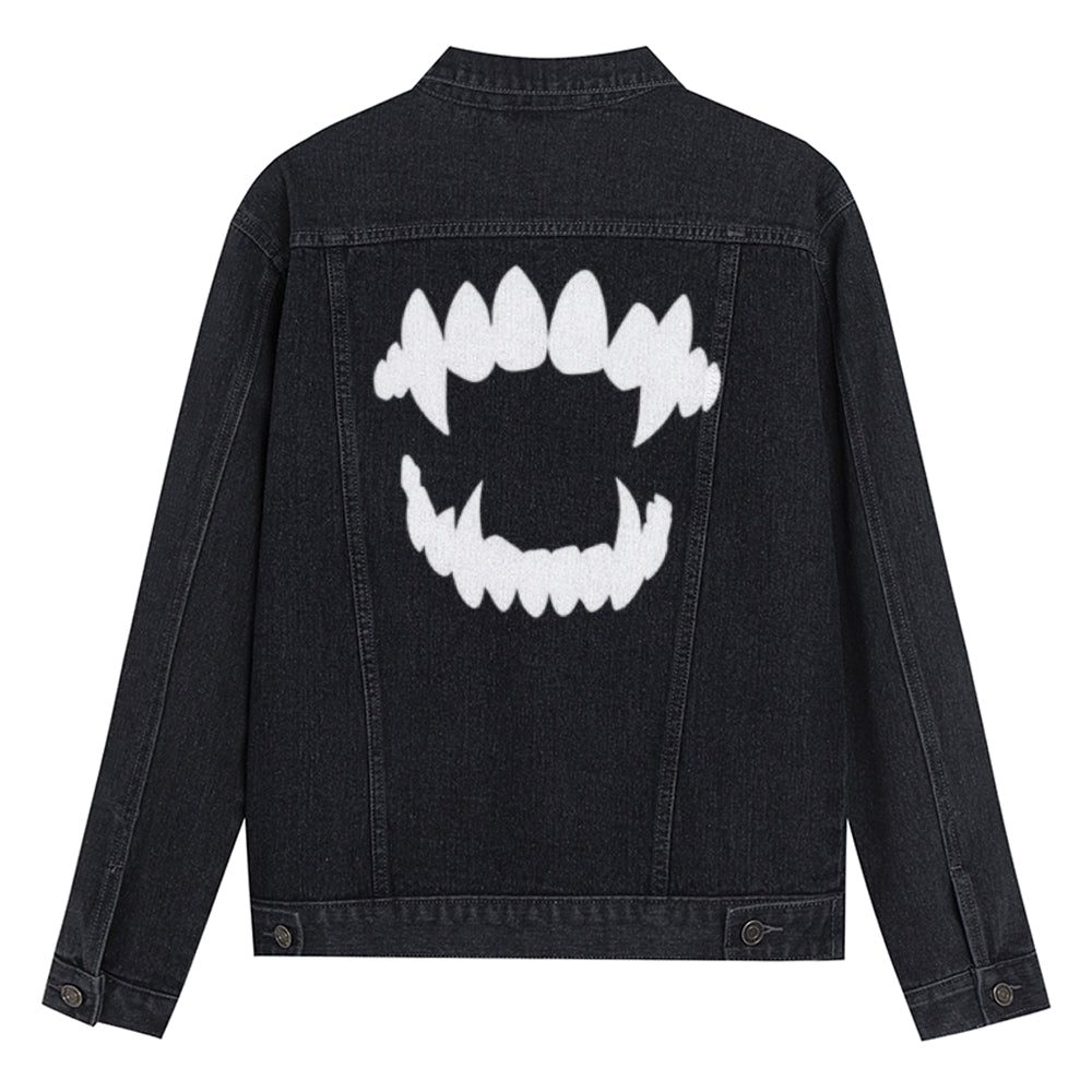 Mens Vampire Teeth Graphic Button Up Denim Jacket