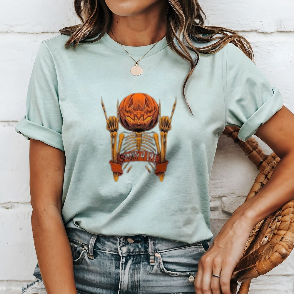 Women Halloween Spooky Finger Skull Graphic T-shirt