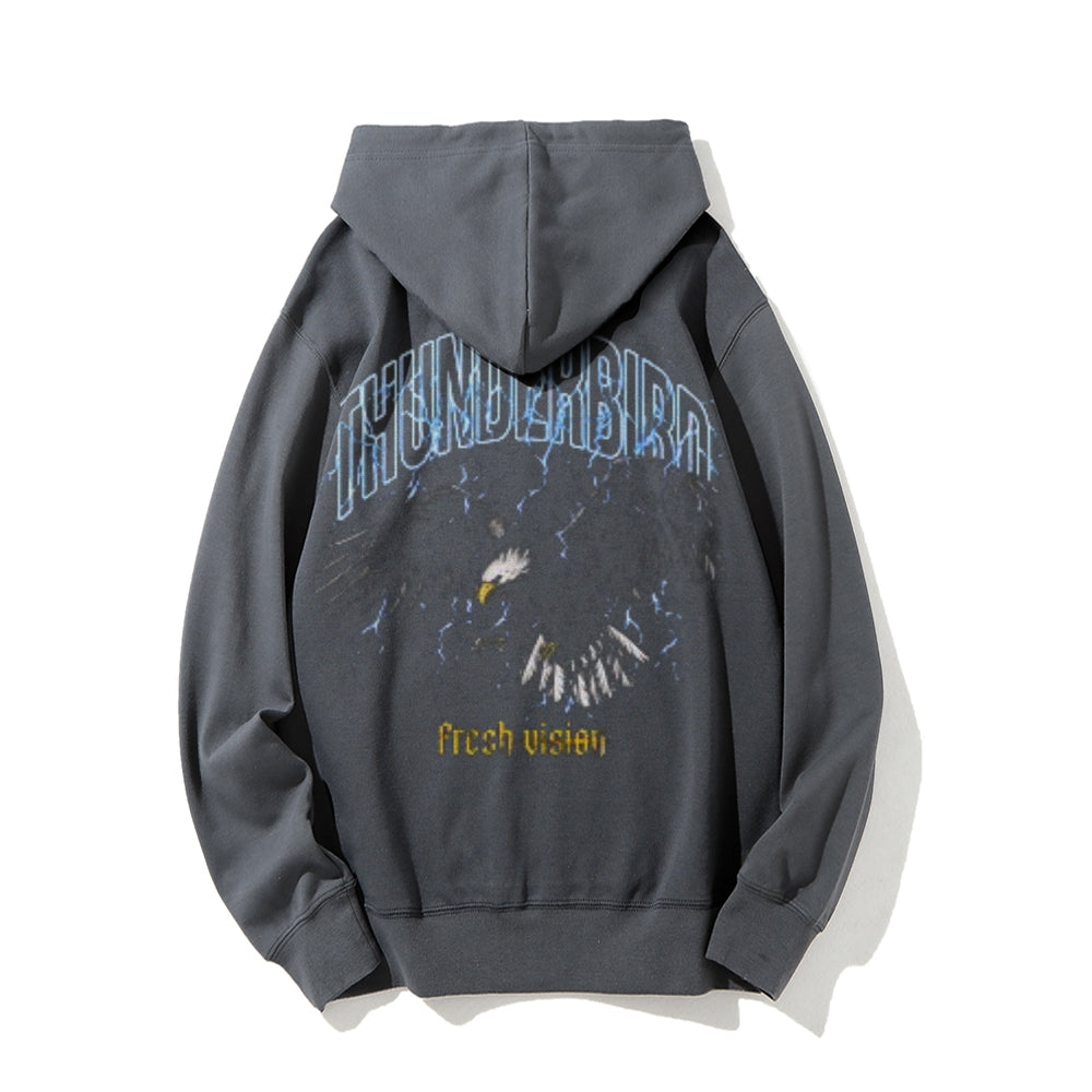 Mens Vintage Thunderbird Print Graphic Pullover With Kangaroo Pocket Hoodies