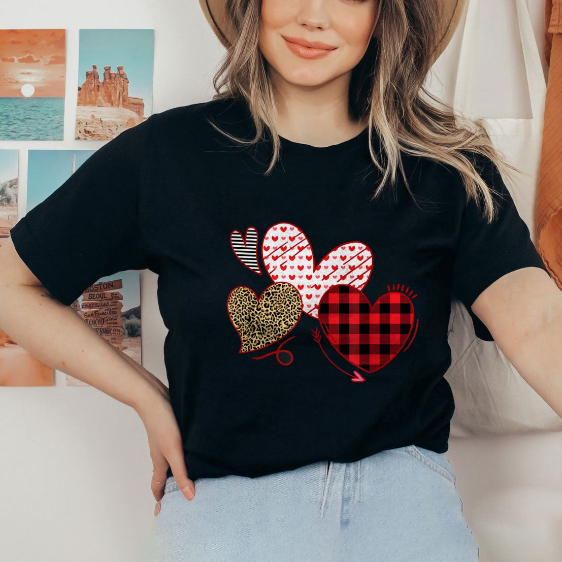 Women Love Leopard Heart Valentine's Day Print Graphic T-shirt