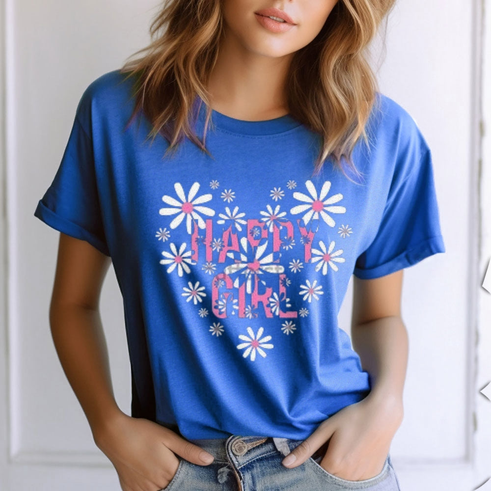 Women Happy Girl Flower Heart Graphic Print T-shirt