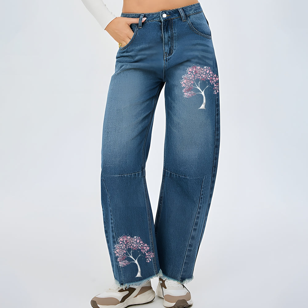 Women Valentine's Day Love Heart Tree Print Baggy Straight Leg Jean