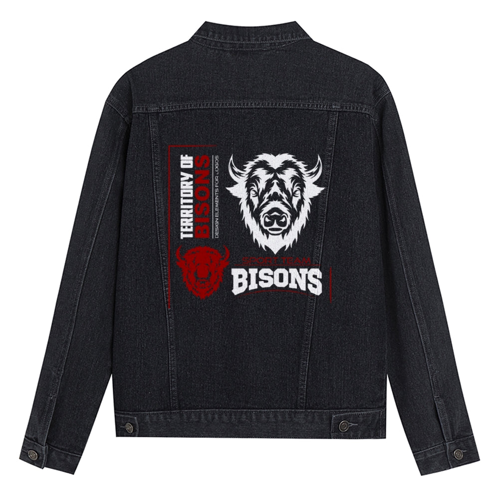 Mens Vintage Cartoon Prints BISONS Denim Jacket