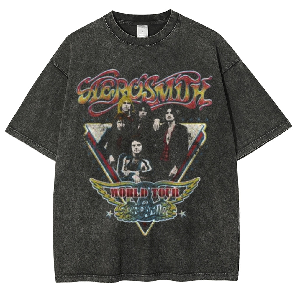 Unisex Vintage Aerosmith World Tour Graphic Short Sleeve Washed T-shirt