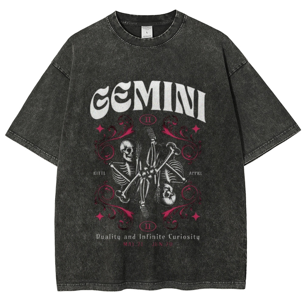 Women Washed Vintage Gemini Skull Graphic T-shirt