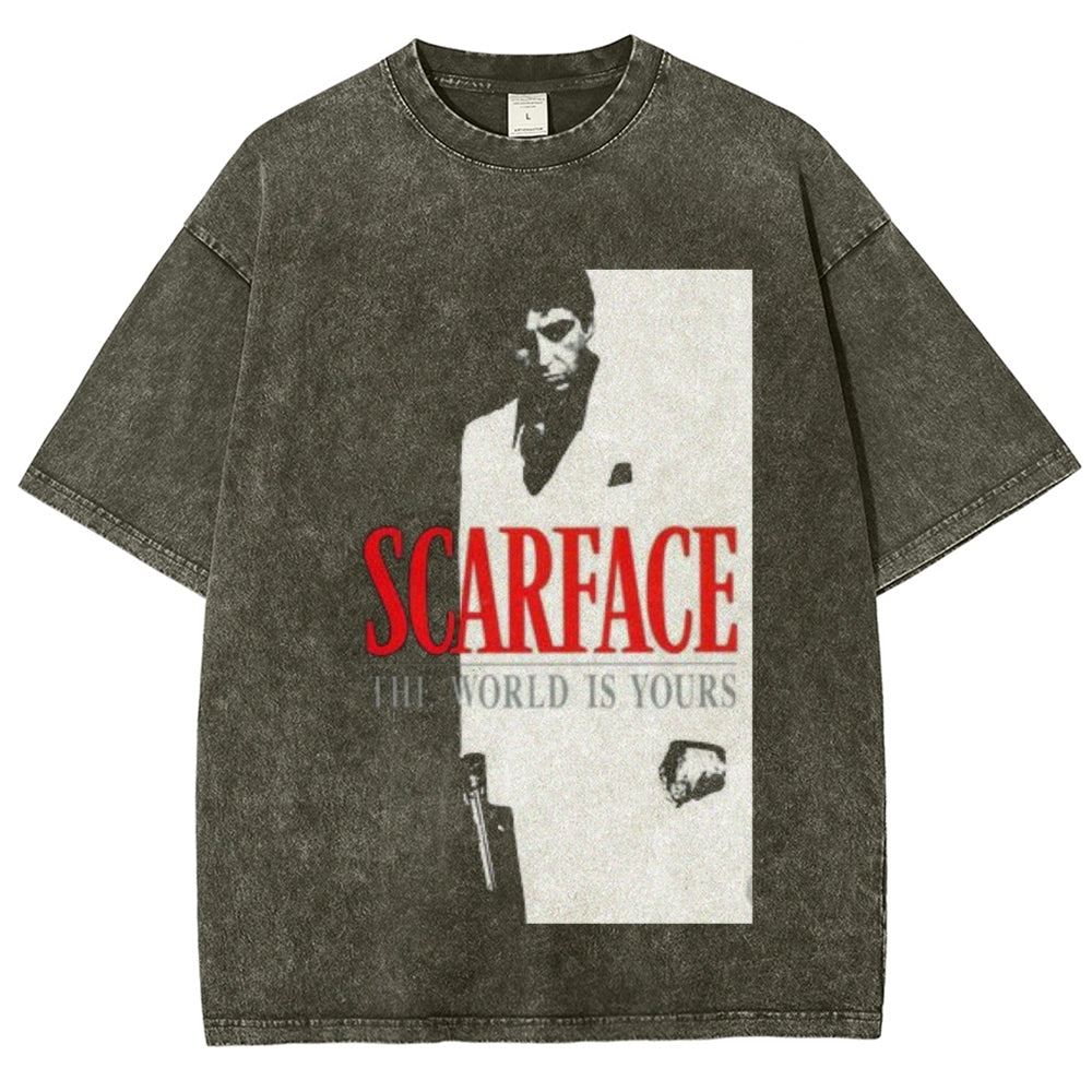 Unisex Vintage Scarface Horror Graphic Short Sleeve Washed T-shirt