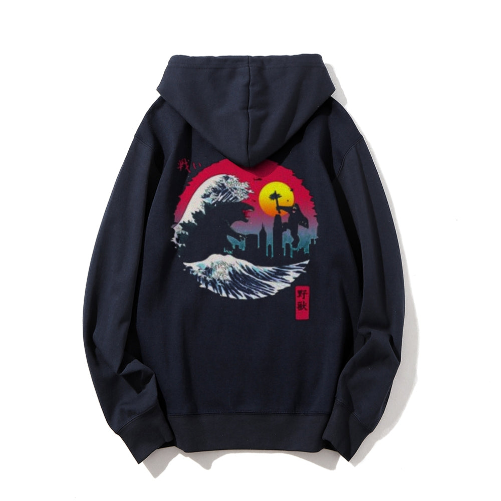 Mens Vintage Godzilla Darkness Style Print Graphic Pullover With Kangaroo Pocket Hoodies