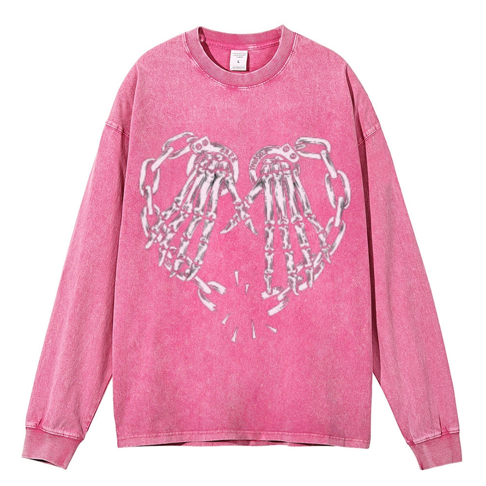 Oversized Vintage Washed Skeleton Heart Hand Graphic Sweatshirt