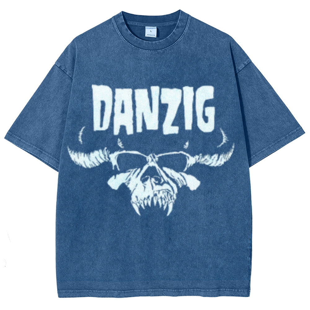 Unisex Vintage The Danzig Rock Band Print Short Sleeve Casual Graphic Washed T-shirt