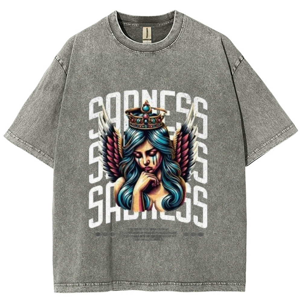 Women Washed Vintage Sading Angel Graphic T-shirt