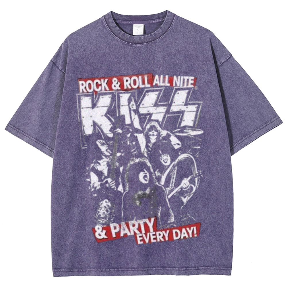 Unisex Vintage The Kiss Rock Band Print Short Sleeve Casual Graphic Washed T-shirt