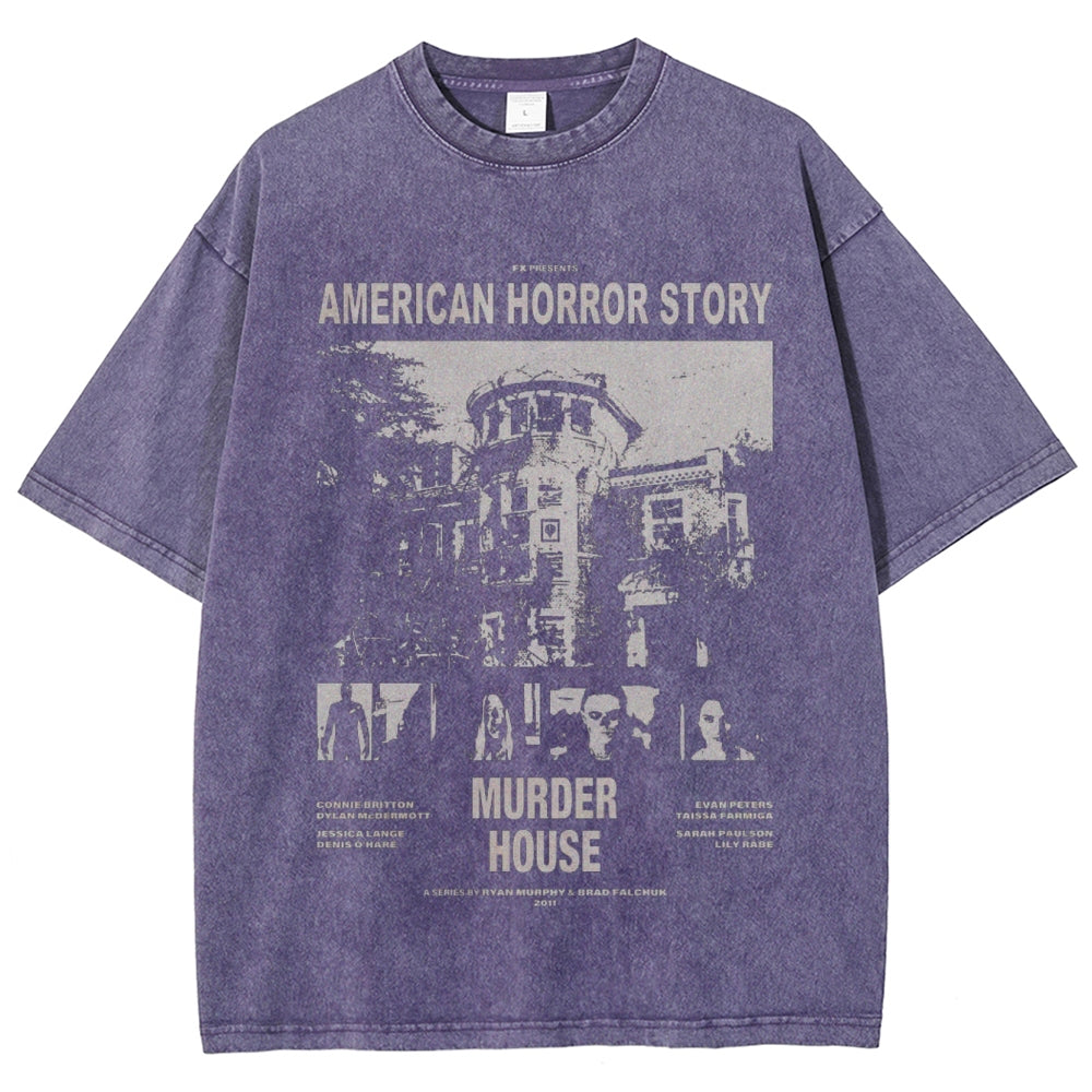 Unisex Vintage American Horror Story Graphic Short Sleeve Washed T-shirt