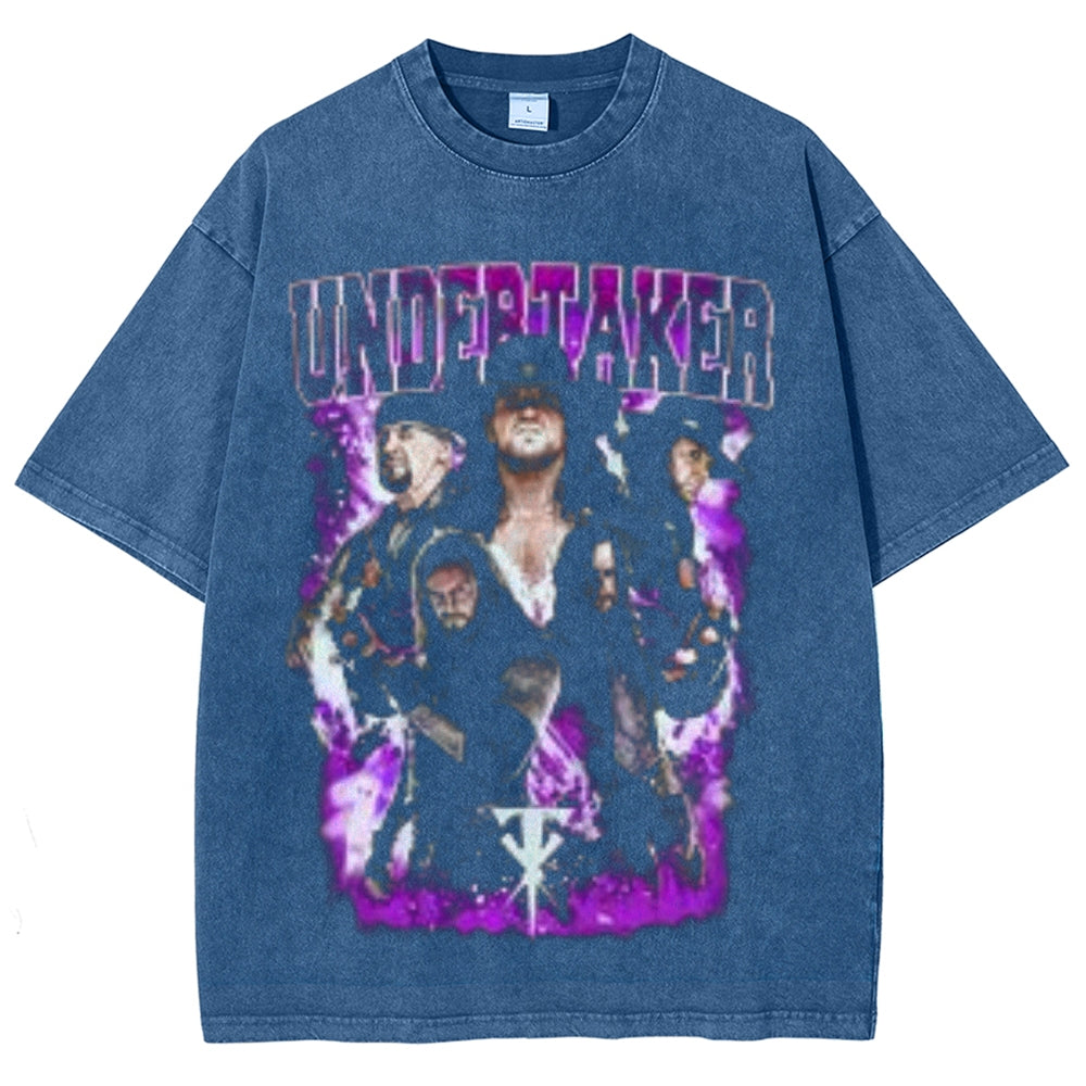 Unisex Vintage Undertaker Darkness Style Graphic Short Sleeve Washed T-shirt