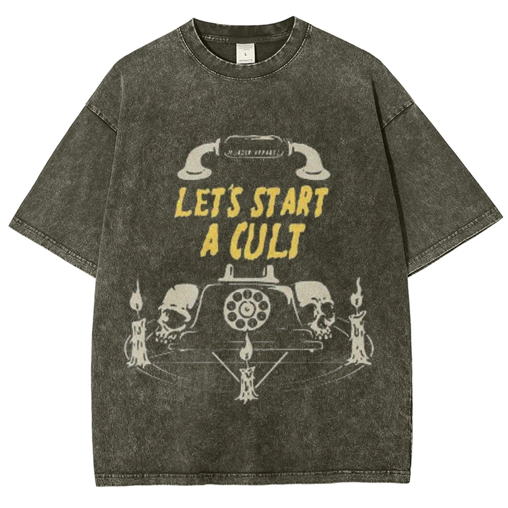 Unisex Vintage Let's Start A Cult Graphic Short Sleeve Washed T-shirt