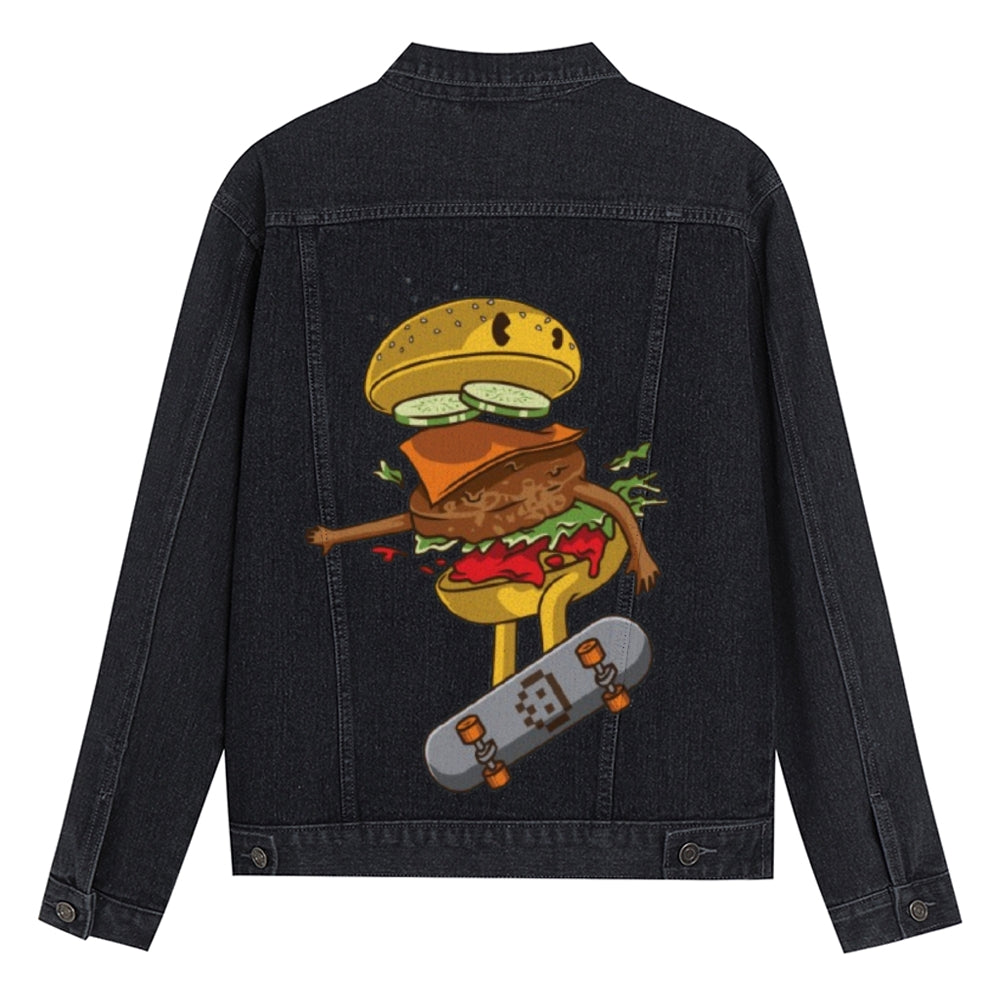 Mens Vintage Skate Cartoon Prints Denim Jacket