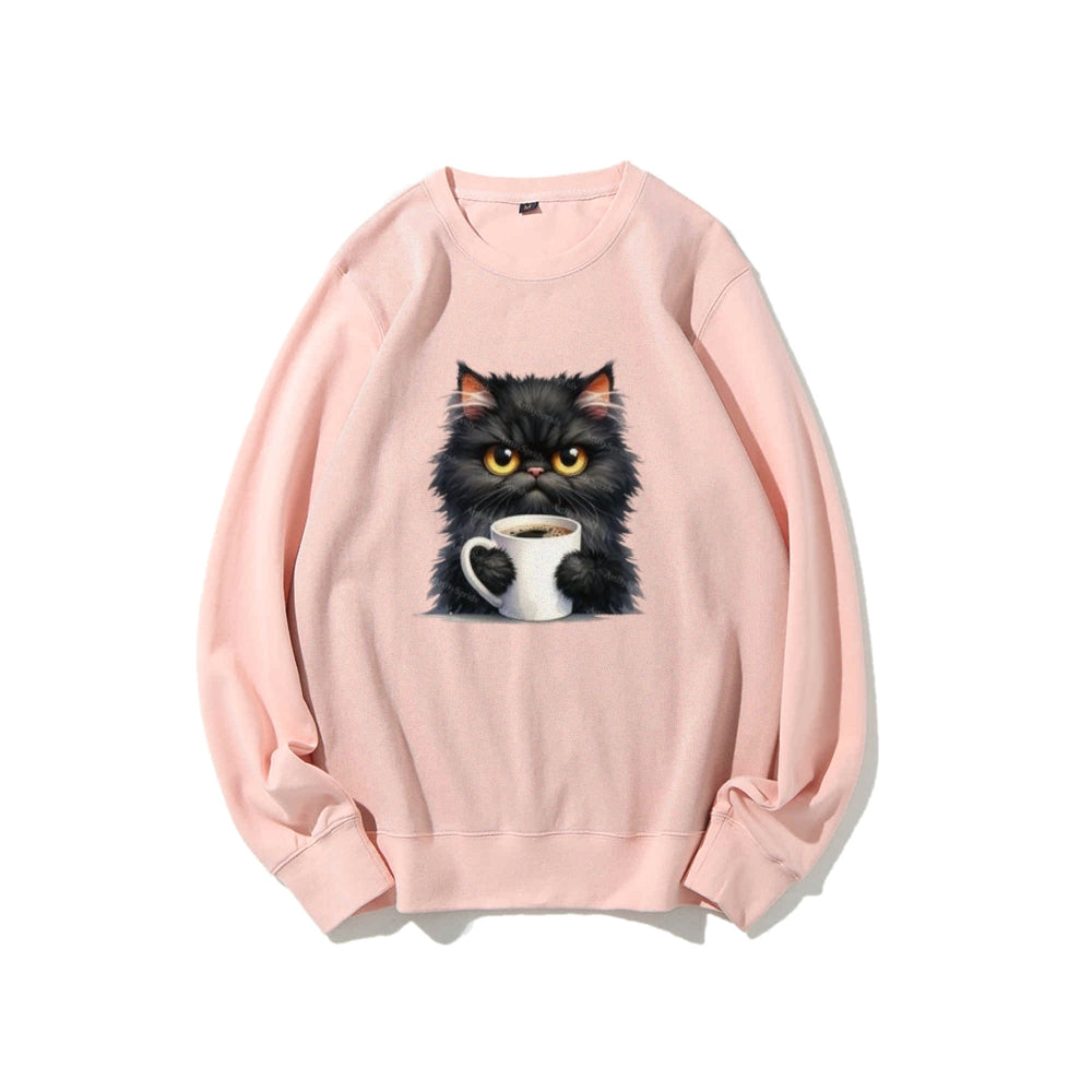 Black Cat with Coffee Cup Graphic Sweatshirts