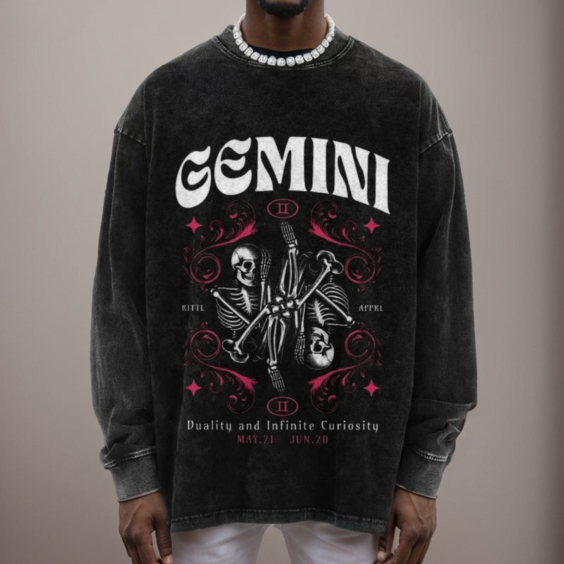 Mens Washed Vintage Gemini Skull Graphic Sweatshirt