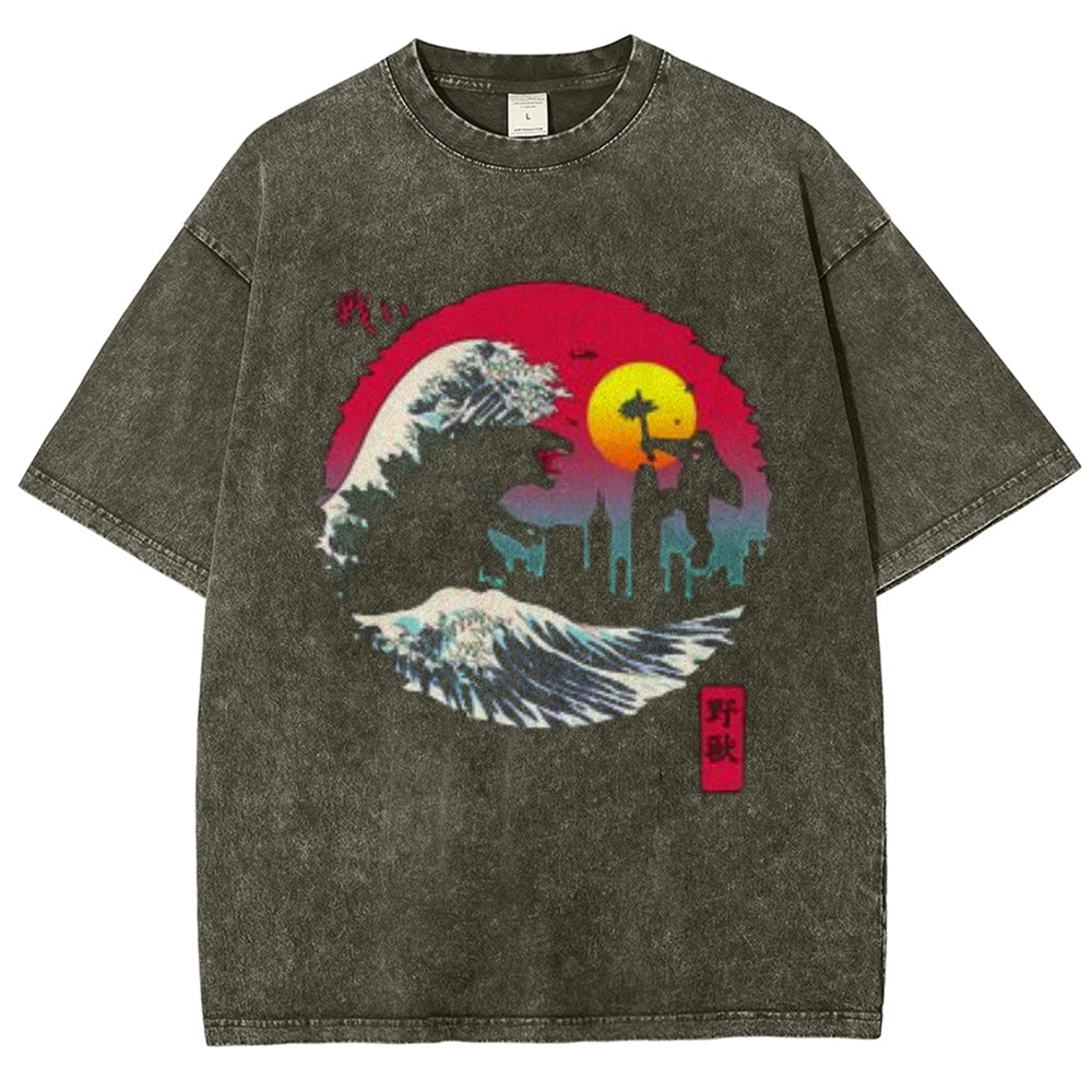 Unisex Vintage Godzilla Darkness Style Graphic Short Sleeve Washed T-shirt