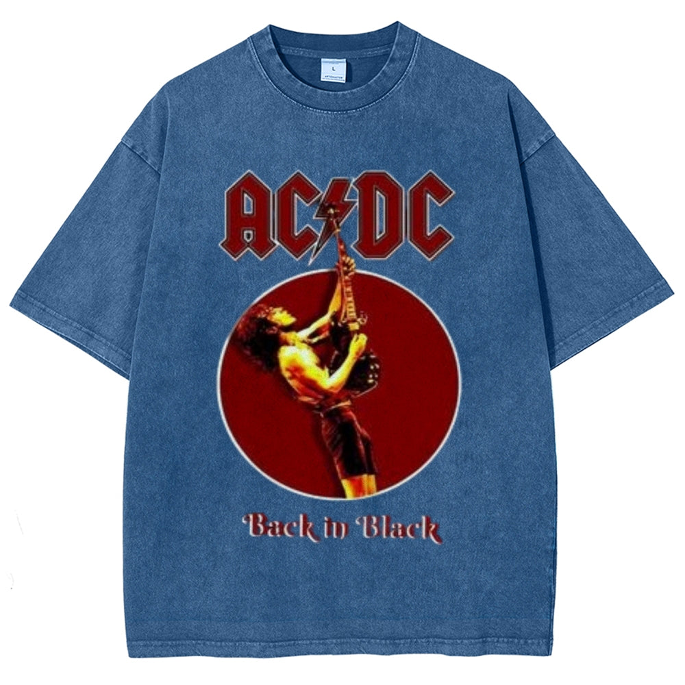 Unisex Vintage The Acdc Rock Band Print Short Sleeve Casual Graphic Washed T-shirt